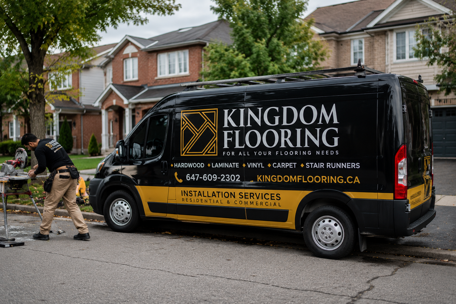 Kingdom Flooring branded work van parked at a GTA home with installer unloading tools